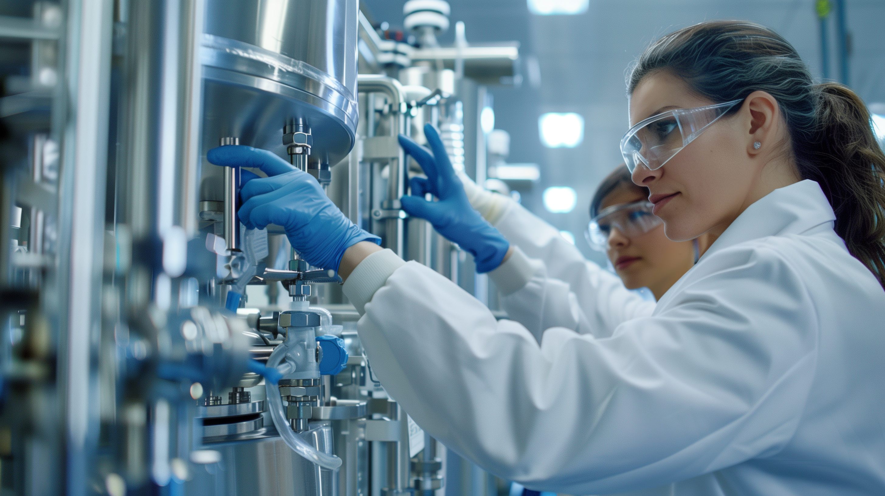 SaniSure scientists working at a bioprocessing sampling point in a pharmaceutical cleanroom